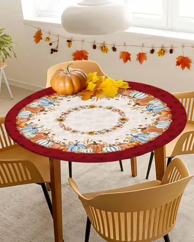 Vista 16 de Mantel ajustado para mesa redonda, mantel de otoño con hojas de otoño y calabaza de Acción de Gracias con borde elástico, mantel impermeable de Beige