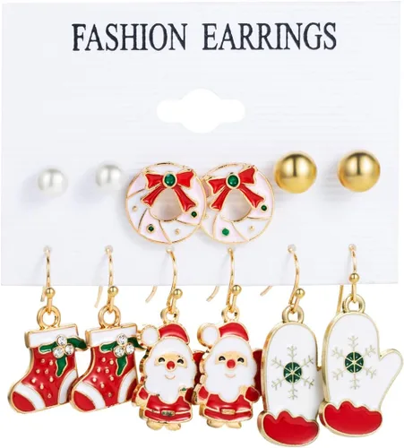 Vista 4 de 6 pares de aretes de Navidad para mujeres y niñas, lindos y divertidos aretes de Navidad con lazo, campana, caramelo, reno, copo de nieve, árbol