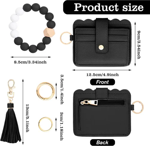Vista 3 de KNGITRYI Cartera llavero pulsera para mujer, delgado RFID tarjeta de crédito, monedero, borla llavero brazalete para hombres y mujeres