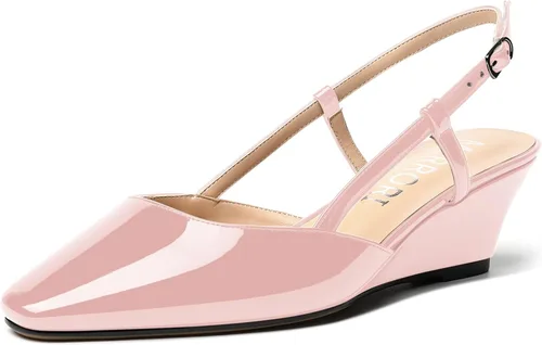 Vista 12 de MERRORI Zapatos de tacón bajo de cuña con hebilla y punta cuadrada para mujer, de patente sólida, de 2 pulgadas Beige