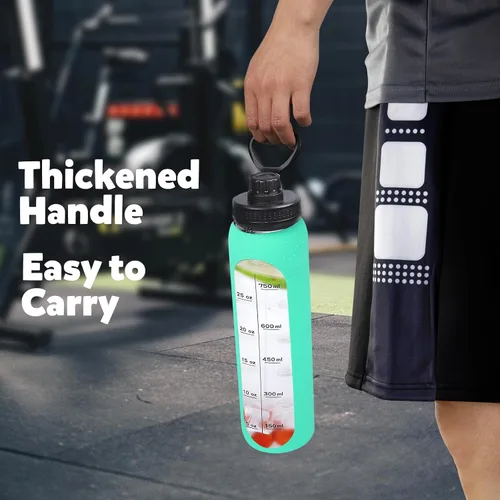 Vista 7 de Botellas de agua de vidrio de 32oz con funda de silicona, botellas de hidratación para beber, reutilizables, borosilicato, boca ancha, cantimplora