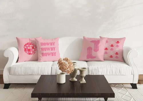 Vista 5 de Juego de 4 fundas de almohada decorativas con diseño de bola de discoteca y vaquera occidental, color rosa intenso, para decoración del hogar
