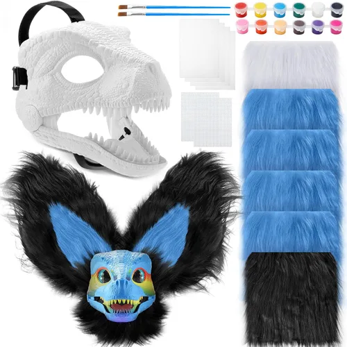 Vista 12 de Seenelling Kit de 13 piezas de máscara de dinosaurio DIY, máscara de dinosaurio de plástico duro, kit de disfraz de dinosaurio peludo Therian