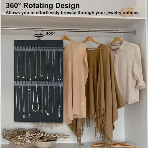 Vista 6 de Organizador de joyas colgante de doble cara con colgador para armario pequeño, soporte para collar sin enredos sobre la puerta, gran capacidad, 300