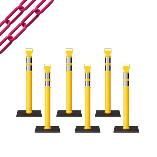 Vista 65 de CCW 6-Pack 45" Delineador Post Kit Kit de 3.0 in collares reflectantes, base de goma de 10 lb (6 postes blancos con cadena negra de 50 pies)