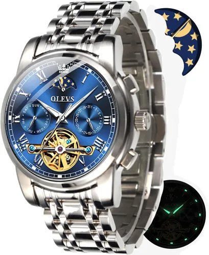 Vista 5 de OLEVS reloj mecánico automático, reloj de cuerda automático de lujo para hombre a prueba de agua, acero inoxidable.