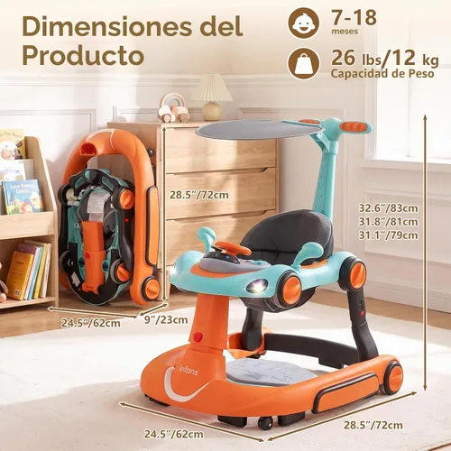 Vista 6 de INFANS - Andador plegable 9 en 1 con asa, toldo para el sol, color naranja