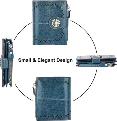 Vista 3 de Lavemi Cartera de cuero para mujer pequeña compacta con bloqueo RFID con bolsillo con cremallera