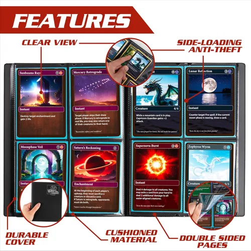 Vista 4 de Monster - Carpeta para tarjetas coleccionables de 4 bolsillos, álbum Holofoil negro, protección TCG antirrobo y anticaídas con bolsillos laterales