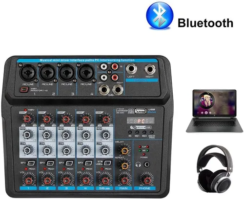 Vista 5 de Mezclador de audio, consola de mezcla de sonido, mezclador profesional, mezcla de potencia, USB para grabación/DJ/karaoke/escenario y estudio
