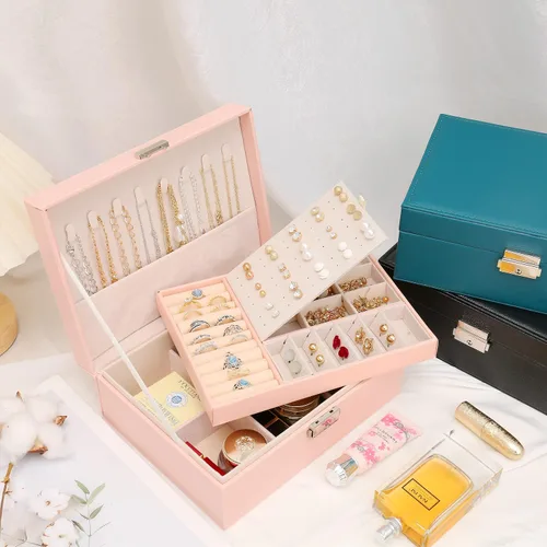 Vista 5 de Joyero organizador para mujeres y niñas joyero de doble capa con cerradura y llave almacenamiento de joyas de piel sintética con bandeja extraíble