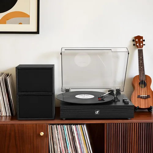 Vista 7 de Tocadiscos Bluetooth con altavoces externos con transmisión por correa Negro (Black Wood)