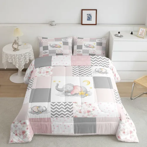 Vista 6 de Lindo juego de edredón de elefante, tamaño individual, juego de ropa de cama de dibujos animados Kawaii con flores de animales para niños y hombres