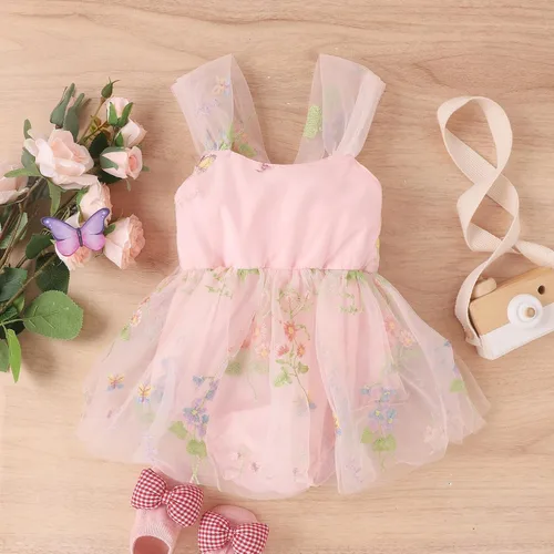 Vista 2 de ODASDO Mameluco de tul para bebé niña con bordado de flores, body de princesa con diadema, fiesta de cumpleaños, traje de pastel