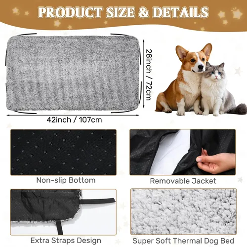 Vista 2 de Almohadilla grande para cuna de perro autocalentable para camas elevadas para perros, alfombrilla térmica extra cálida para mascotas con correas