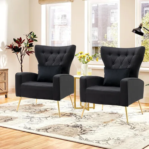 Vista 7 de Silla decorativa de terciopelo para sala de estar, sillón de mediados de siglo con respaldo de ala alta, silla auxiliar dorada para dormitorio