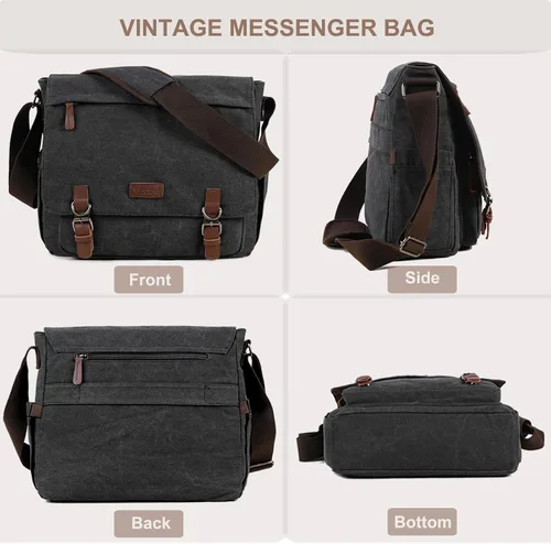Vista 7 de Bolsa de mensajero de lona para hombres y mujeres, bolsa de viaje para laptop, maletín de negocios de 15.6 pulgadas