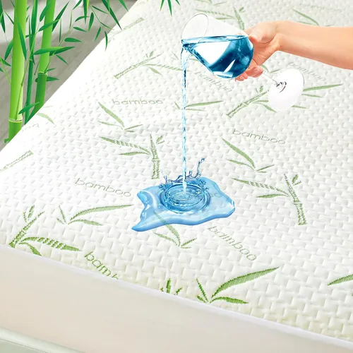 Vista 2 de Protector de colchón de viscosa de bambú de alta calidad, impermeable, sin vinilo, protector de colchón de tela de aire 3D, suave, transpirable, sin