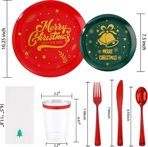 Vista 3 de WDF 175 piezas de platos de Navidad de plástico desechables - 25 platos verdes, 25 platos rojos con campanas doradas, 75 cubiertos de plástico
