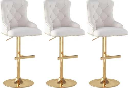 Vista 28 de Juego de 2 taburetes de bar de terciopelo, altura ajustable, base de metal dorado, beige Diseño de cabeza de clavo, función giratoria, ideal