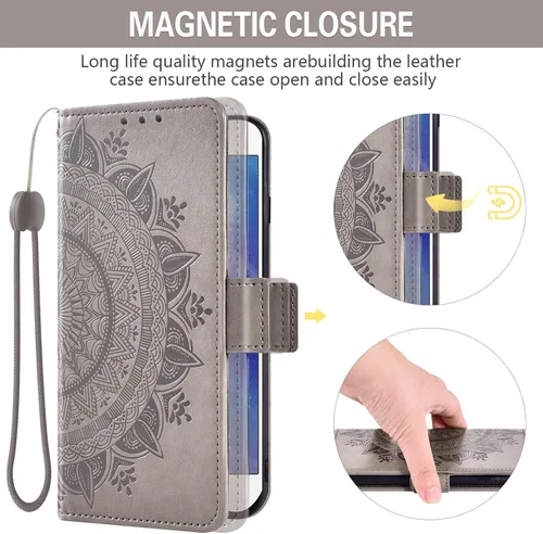 Vista 5 de Asuwish Funda compatible con Samsung Galaxy A32 5G de 6.5 pulgadas y protector de pantalla de vidrio templado, tarjetero con correa de muñeca Gris