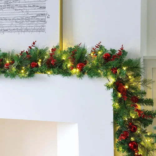 Vista 9 de Guirnalda de Navidad preiluminada de 9 pies con luces, guirnalda de Navidad para mesa, chimenea, escalera, manto de pared, decoración de interiores