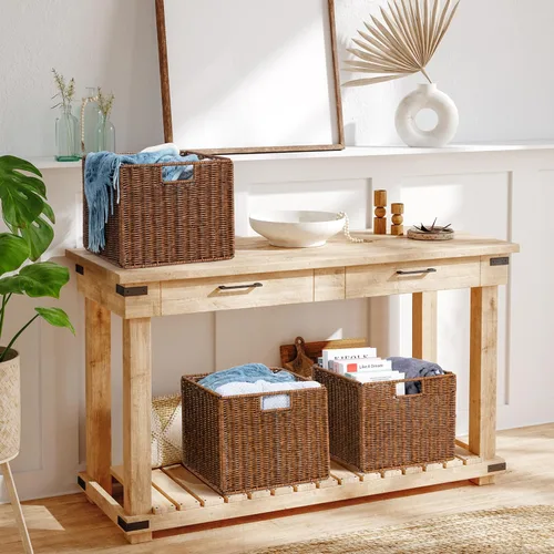 Vista 2 de Cesta de almacenamiento de mimbre, cubo grande de 12 x 12 x 10 pulgadas, mimbre tejido para estantes, despensa, organización de cocina y baño Marrón