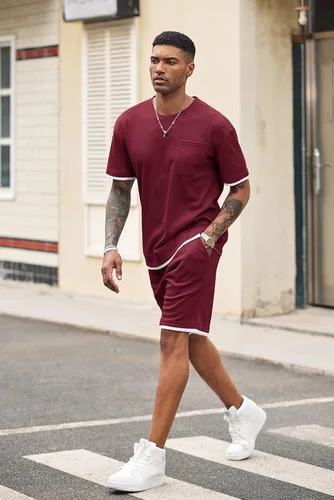 Vista 46 de COOFANDY Conjunto de camisa y pantalones cortos de gofre para hombre, conjunto de 2 piezas, conjunto casual de verano con bolsillos