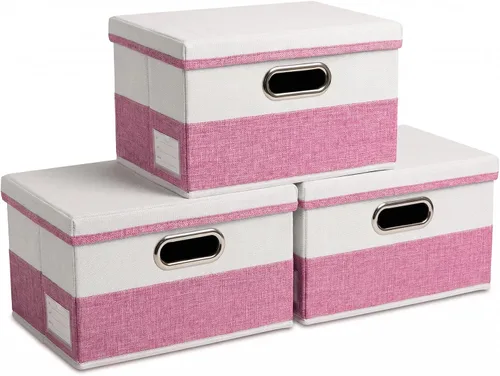 Vista 62 de PRANDOM Contenedores de almacenamiento con tapas [paquete de 3] cajas de almacenamiento plegables de tela de lino, canastas organizadoras, cubos