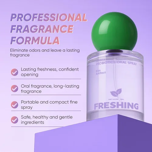 Vista 2 de Spray oral probiótico, combo de sabor a menta y melocotón, espray de aliento con prebióticos y probióticos, frescura duradera, sin alcohol, cómodo