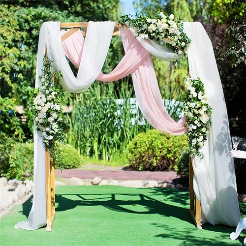 Vista 8 de Firlar Cortinas de arco de boda, cortina de telón de fondo transparente rosa de 18 pies, cortina de tela de gasa transparente, paneles drapeados
