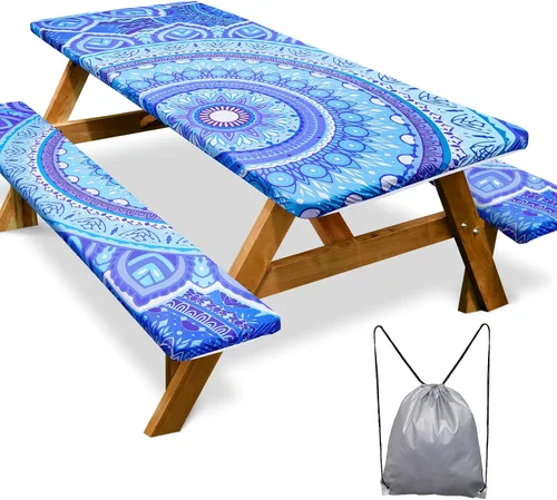 Vista 18 de Mantel de mesa de picnic con fundas de banco de 6 pies, 3 piezas, impermeable, resistente al viento, mantel de camping estético con bolsa