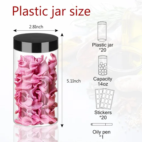 Vista 2 de Hajoyful Tarros de plástico con tapas, 20 frascos de plástico transparente de 14 onzas con tapas herméticas a prueba de fugas, de plástico negro