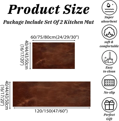 Vista 2 de Kitchen Mats for Floor 2 Piece Set Abstract Leather Texture Non Slip Kitchen Rugs Washable Retro Aesthetics Floor Mats Rust Brown Area Rug Runner