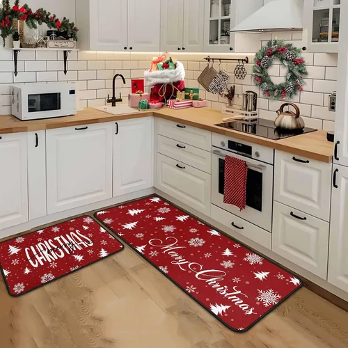 Vista 7 de Juego de 2 alfombras y tapetes de cocina de Navidad, decoraciones navideñas para el hogar, parte trasera antideslizante, tapete de cocina de Copo