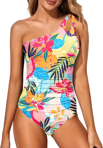 Vista 27 de Women's One Shoulder One Piece Tummy Control Swimsuit Full Coverage Diseño de ojo de cerradura, ajuste de cobertura completa, estilo modesto Negro