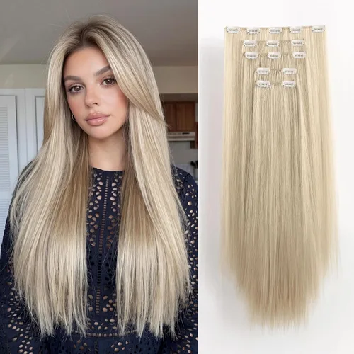 Vista 15 de Extensiones de cabello rubio con clip, lacio, de 22 pulgadas de largo, sintético, negro, grueso, 5 piezas para mujeres, bodas, fiestas, uso diario