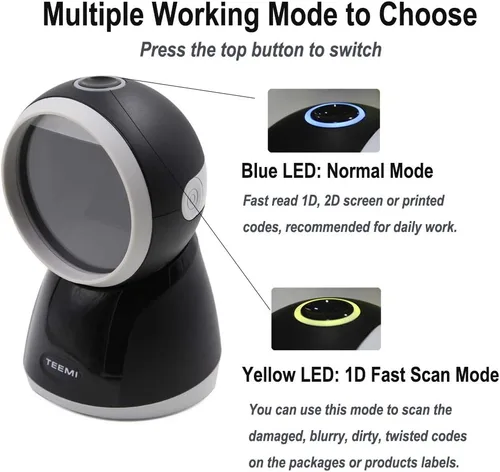 Vista 3 de TEEMI Escáner de código de barras de presentación manos libres 1D 2D, sensor de alta resolución de megapíxeles Código QR lector automático con cable