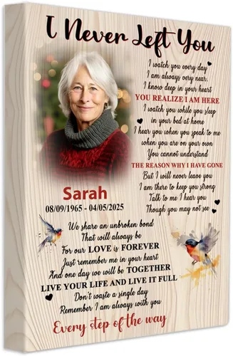Vista 8 de NQDNKUIN Lienzo personalizado con texto en inglés "I Never Left You", regalo conmemorativo de duelo y condolencia de esposa, madre, abuela, hija