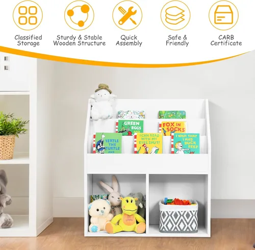 Vista 5 de KOTEK Estantería para niños con organizador de almacenamiento de juguetes, estantería para niños con estante de libros de 3 niveles y 2 cubos