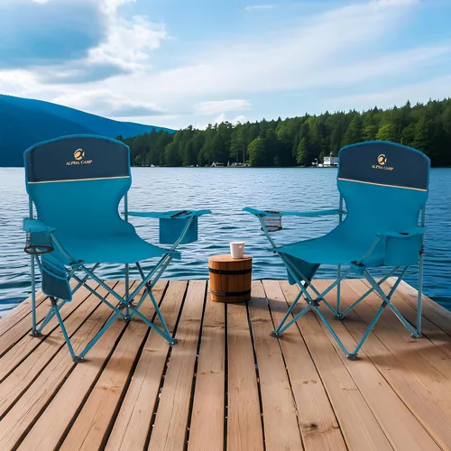 Vista 2 de ALPHA CAMP Silla de Camping 2 Unidades Silla Portátil con Enfriador de 3 Latas Silla Plegable con Bolsillo Lateral y Portavasos, Plegable para Azul