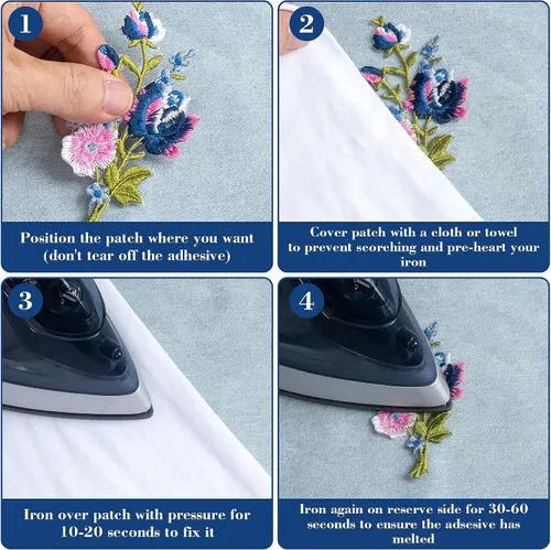 Vista 3 de HINZIC 4 parches bordados de flores rosas para coser para planchar, ramo floral rosa y azul bohemio para ropa, jeans, chaquetas, bolsas de vestir