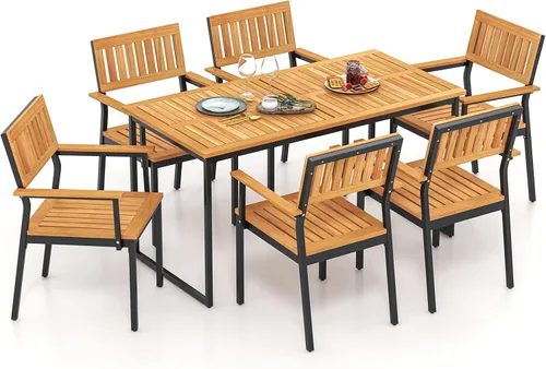 Vista 9 de Tangkula Juego de comedor al aire libre de 7 piezas para 6, mesa de comedor rectangular de madera de acacia y 6 sillones con marco de metal, agujero
