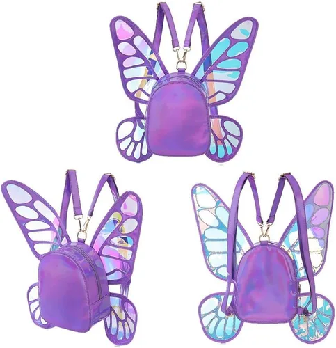 Vista 6 de Mochila holográfica láser para mujer, diseño de alas de ángel de mariposa, casual, mochila de hombro para niñas jóvenes, Morado, S, Mochilas Daypack