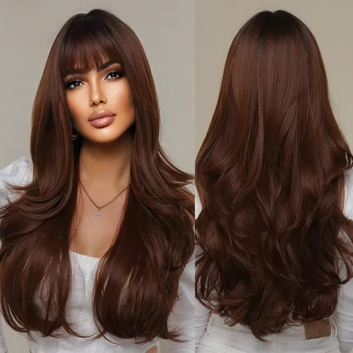 Vista 9 de Allbell - Pelucas largas negras para mujer, rizada, sintética, con flequillo, onda corporal, de aspecto natural, fibra resistente al calor, cabello