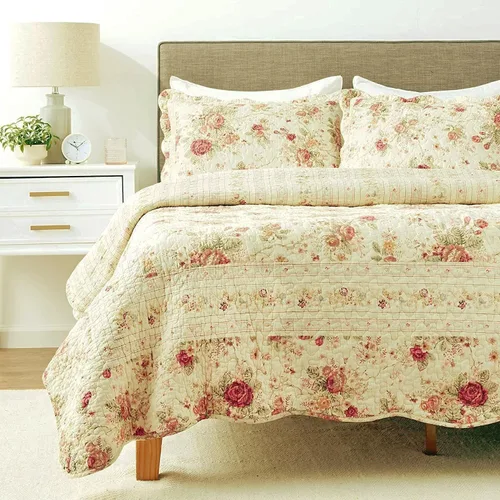 Vista 4 de Finely Stitched Chic Shabby Romantic Rose - Juego de edredón de algodón, tamaño King, incluye correas para sábanas