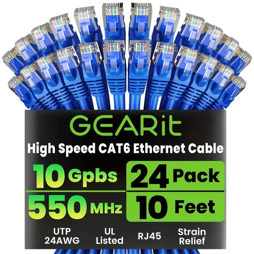 Vista 40 de GEARit Paquete de 24 cables Ethernet Cat6 de 0.5 pies Cable de conexión de red RJ45, conectores chapados en oro sin enganches de 10 Gbps, cable
