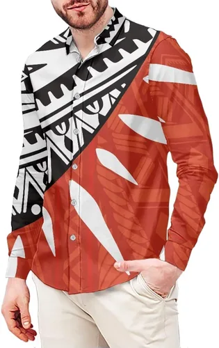 Vista 7 de Camisa polinesia con botones para hombre, Aloha Samoan, patrón tradicional, manga larga, camisa hawaiana para hombre, talla grande, casual
