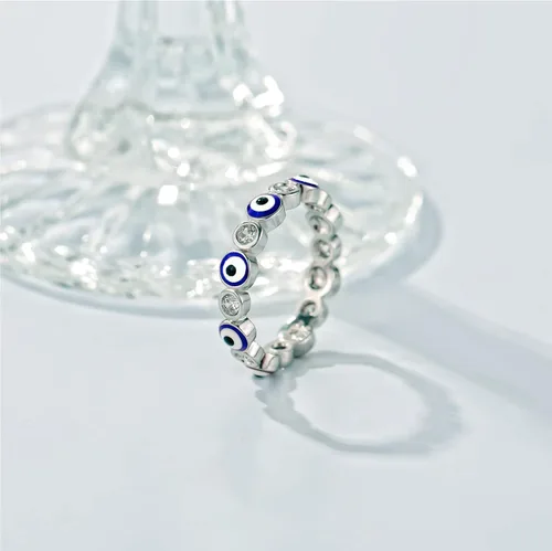 Vista 3 de Esbbela Anillo contra el mal de ojo para mujer, chapado en oro blanco de 18 quilates, banda de ojo turco con circonita cúbica, anillo de compromiso