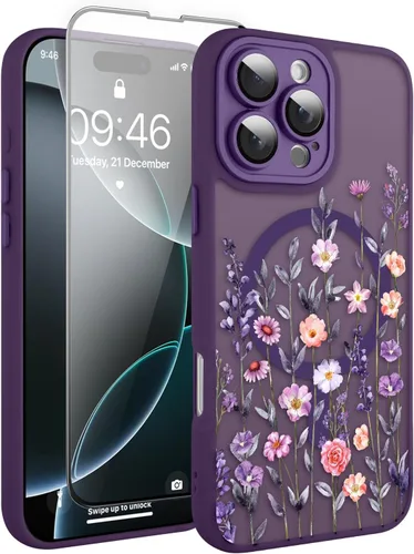 Vista 121 de Magnético para iPhone 13 con protector de pantalla [Compatible con MagSafe] Diseño de patrón floral de flores bonitas, funda delgada a prueba